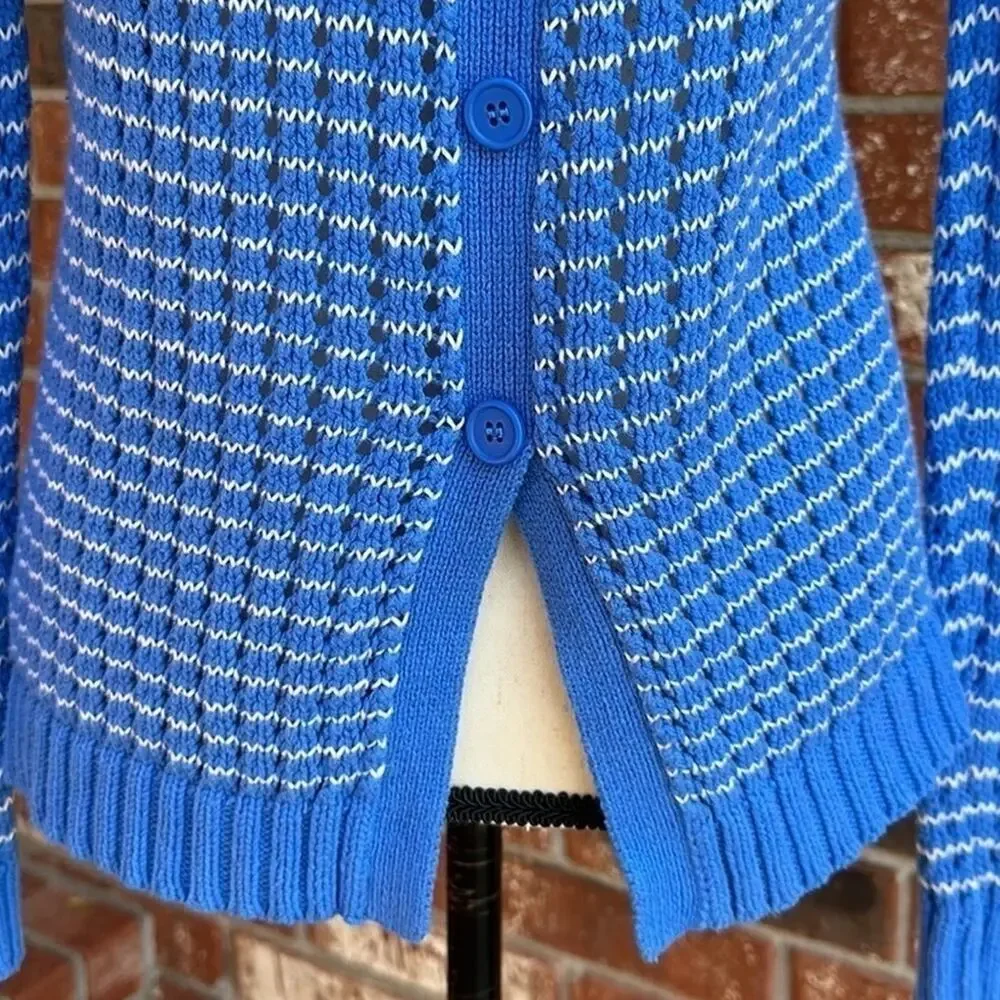 Olive & Oak Blue White Open Weave Knit Crewneck Sweater S Button Detail Back